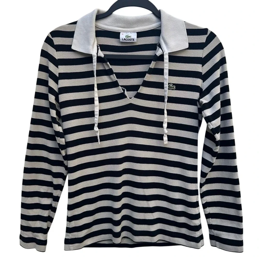 Lacoste Long Sleeve Striped Polo Shirt Women Medium Preppy Y2K Nautical Henley